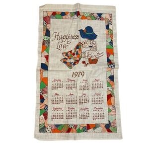 Vtg '79 Stevens Linen Calendar Tea Towel Happiness is Love Quilt Cat Cottagecore